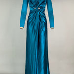 Solid Color Bodycon Long Sleeves Pleated  Split-Front Tied Waist Deep V-Neck Maxi Dresses