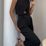 Balvin Linen Blend Cross Button Neck Crop Vest and High Rise Pocketed Pants Set