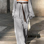 Buttoned Long Sleeves Collarless Outerwear Top + Wide Leg Belted Jumpsuits Two Pieces Set