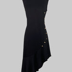 Loose Sleeveless Asymmetric Buttoned Ruffle Trim Solid Color Mock Neck Midi Dresses