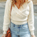 Beige Ribbed Long Sleeve Surplice Crop Sweater