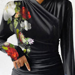 Long Sleeves Skinny Flower Print Pleated Split-Joint V-neck T-Shirts Tops