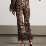 Long Sleeves Feathers Leopard Round-Neck Pants Pants Set T-Shirts Tops Two-Piece Sets