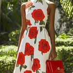 Skinny Sleeveless Flower Print Stand Collar Midi Dresses