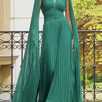 Long Sleeves Pleated Solid Color V-Neck Maxi Dresses