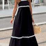 Bayside Beauty Wave Trim Patchwork Back Smocked Suspender Maxi Dress