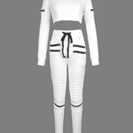 Long Sleeves Contrast Color Drawstring Zipper Tees&Pants Two Pieces Set