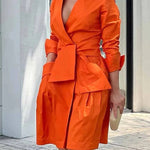 Long Sleeves Solid Color Tied Waist Deep V-Neck Mini Dresses