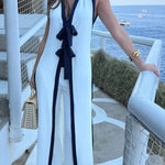 Beach Day Colorblock Bow Detail Slit Midi Top and Elastic Waist Loose Pants Set