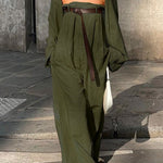 Buttoned Long Sleeves Collarless Outerwear Top + Wide Leg Belted Jumpsuits Two Pieces Set
