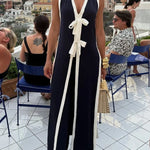 Beach Day Colorblock Bow Detail Slit Midi Top and Elastic Waist Loose Pants Set