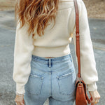 Beige Ribbed Long Sleeve Surplice Crop Sweater