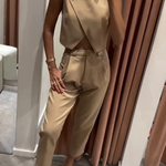 Balvin Linen Blend Cross Button Neck Crop Vest and High Rise Pocketed Pants Set
