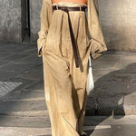 Buttoned Long Sleeves Collarless Outerwear Top + Wide Leg Belted Jumpsuits Two Pieces Set