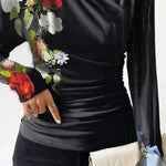 Long Sleeves Skinny Flower Print Pleated Split-Joint V-neck T-Shirts Tops