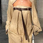 Buttoned Long Sleeves Collarless Outerwear Top + Wide Leg Belted Jumpsuits Two Pieces Set