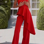 Amena One Shoulder Sweetheart Neck Ruffle Hem Top and Elastic Waist Pocket Wide Leg Pants Set