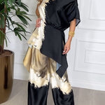 Bellen Satin Unique Print Wide Sleeve Irregular Top and Elastic Waist Wide Leg Pants Set