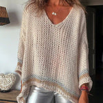 Autumn Treasure Knit Striped Trim Hollow Out Loose Pullover Sweater