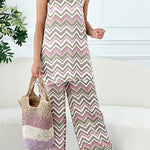 Bellini Brunching Ripple Print One Shoulder Top and Elastic Waist Pocketed Pants Set