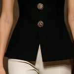 Sleeveless Buttoned Solid Color Round-Neck Vest Top