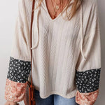 Beige Floral Patchwork Textured Drawstring V Neck Top