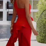 Amena One Shoulder Sweetheart Neck Ruffle Hem Top and Elastic Waist Pocket Wide Leg Pants Set