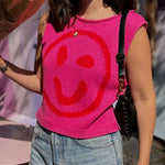 Always Happy Face Knit Unique Pattern Versatile Loose Tank Top