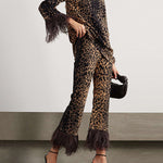 Long Sleeves Feathers Leopard Round-Neck Pants Pants Set T-Shirts Tops Two-Piece Sets