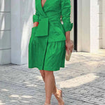 Long Sleeves Solid Color Tied Waist Deep V-Neck Mini Dresses
