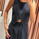Balvin Linen Blend Cross Button Neck Crop Vest and High Rise Pocketed Pants Set