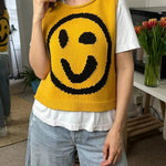 Always Happy Face Knit Unique Pattern Versatile Loose Tank Top