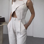 Balvin Linen Blend Cross Button Neck Crop Vest and High Rise Pocketed Pants Set