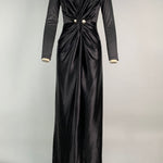 Solid Color Bodycon Long Sleeves Pleated  Split-Front Tied Waist Deep V-Neck Maxi Dresses
