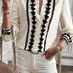 Beige Cute Flower Stand Neck Buttoned Shirt