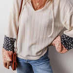 Beige Floral Patchwork Textured Drawstring V Neck Top