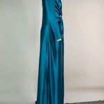 Solid Color Bodycon Long Sleeves Pleated  Split-Front Tied Waist Deep V-Neck Maxi Dresses
