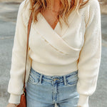 Beige Ribbed Long Sleeve Surplice Crop Sweater