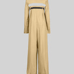 Buttoned Long Sleeves Collarless Outerwear Top + Wide Leg Belted Jumpsuits Two Pieces Set