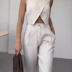 Balvin Linen Blend Cross Button Neck Crop Vest and High Rise Pocketed Pants Set