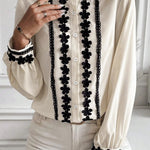 Beige Cute Flower Stand Neck Buttoned Shirt