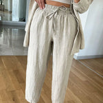 Casual Cotton Linen Shirt & Cropped Pants Two-Piece Set