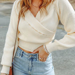 Beige Ribbed Long Sleeve Surplice Crop Sweater