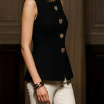 Sleeveless Buttoned Solid Color Round-Neck Vest Top