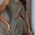 Balvin Linen Blend Cross Button Neck Crop Vest and High Rise Pocketed Pants Set