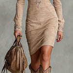 Maya | Suede Midi Dress with Floral Collar