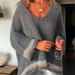 Autumn Treasure Knit Striped Trim Hollow Out Loose Pullover Sweater