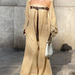 Buttoned Long Sleeves Collarless Outerwear Top + Wide Leg Belted Jumpsuits Two Pieces Set