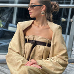Buttoned Long Sleeves Collarless Outerwear Top + Wide Leg Belted Jumpsuits Two Pieces Set