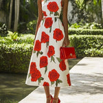 Skinny Sleeveless Flower Print Stand Collar Midi Dresses